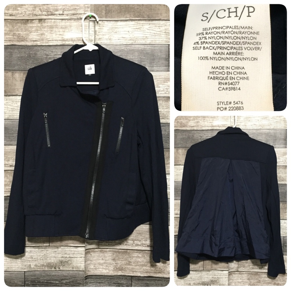 Cabi Womens Chance #5476 Asymmetrical Zip Navy Blue Black Moto Jacket Size S